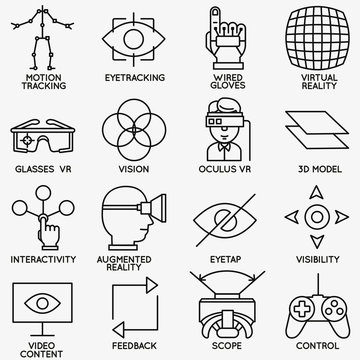 Set of vector linear icons of devices for virtual reality