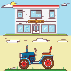 Vector linear flat construct your village - barber shop and tractor
