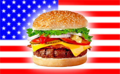 Juicy grilled hamburger with USA flag
