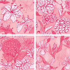 Set of 4 Floral Seamless Patterns in pink colors with handdrawn