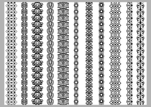 Indian Henna Border decoration elements patterns in black and white colors. Popular ethnic border in one mega pack set collections. Vector illustrations.Could be used as divider, frame, etc
