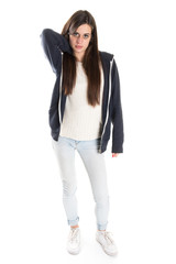 Full lenght portrait of a young caucasian teen looking to the camera, on white.