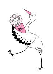 The fun stork is carrying a new born girl. Vector contour.