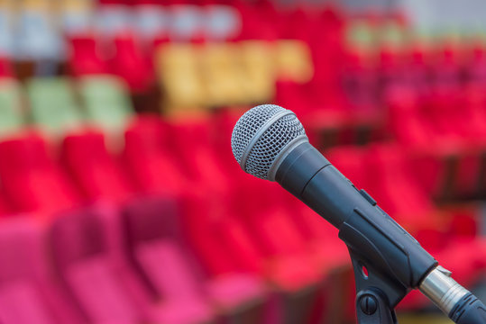 Close up of microphones in theatre or conference hall