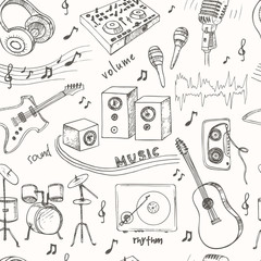 Abstract Music seamless pattern with musical instruments. Hand drawing Doodle,vector illustration. Useful for gift cards, packaging, design and interior decorating.