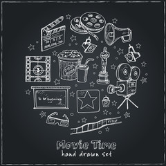 Set of objects and symbols on the cinema theme.  Sketches. Hand-drawing. Vector illustration of for design and packages product. Vector Illustration.