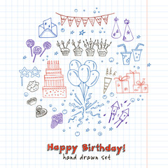 Obraz premium Birthday party doodles elements background. Vector illustration for invitations, design and packages product.