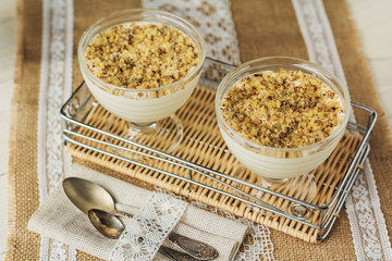 Banana cruble with nuts in rustic style