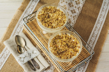 Banana cruble with nuts in rustic style