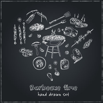Vector hand drawn set with barbecue tools on black chalkboard.