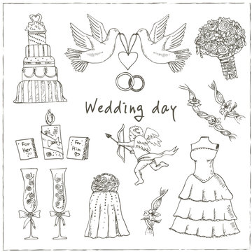 Doodle wedding set for invitation cards, including template design decorative elements. Vector illustration.