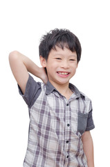 Young Asian boy smile over white