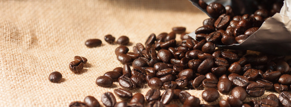 Coffee beans Plastic Bag  on sack background