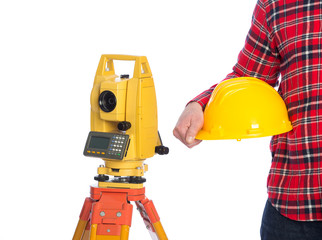 Surveyor worker making measurement and isolated on white
