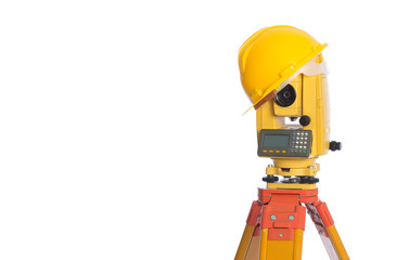 Surveyor worker making measurement and isolated on white
