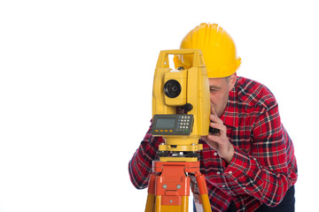 Surveyor worker making measurement and isolated on white
