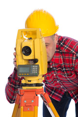 Surveyor worker making measurement and isolated on white
