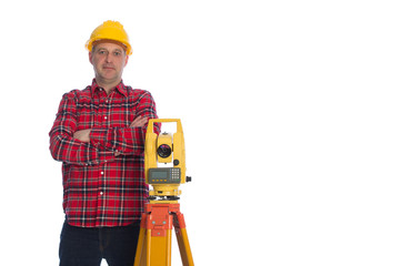 Surveyor worker making measurement and isolated on white
