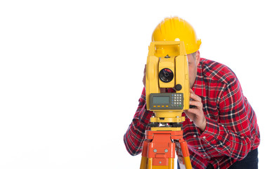 Surveyor worker making measurement and isolated on white
