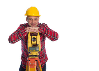 Surveyor worker making measurement and isolated on white
