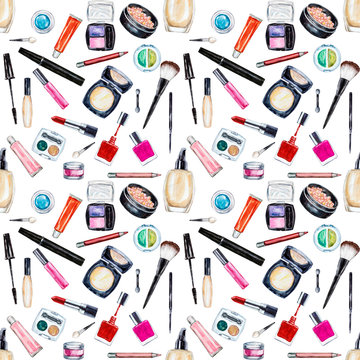 Seamless watercolor pattern with cosmetic, beauty items