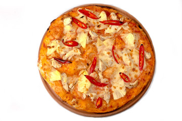 pizza with pineapple and chicken, hot pepper on a white background