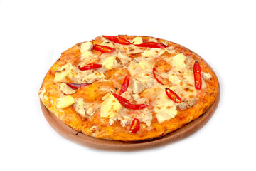pizza with pineapple and chicken, hot pepper on a white background
