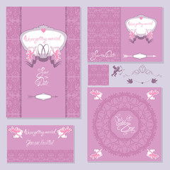 Set of Wedding invitation cards with floral elements, angels, we