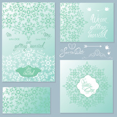 Set of Wedding invitation cards with floral elements, handwritte