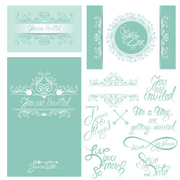 Set of Wedding invitation cards with floral elements, calligraph