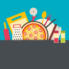Flat design pizzeria concept. Kitchen equipment background. Vector illustration.