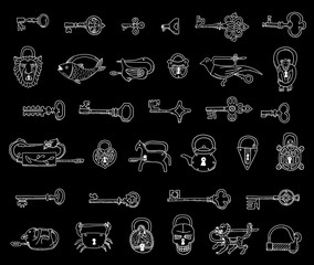 Set of vintage keys and locks in vector.  Doodles. Isolated  on a chalkboard.
