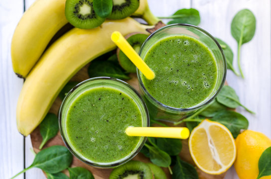 Fresh and healthy green smoothie  with spinach,banana, kiwi