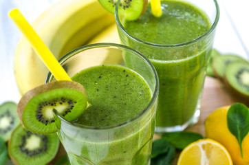 Fresh and healthy green smoothie  with spinach,banana, kiwi