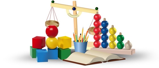 Set of colored toys and educational tools. Education concept