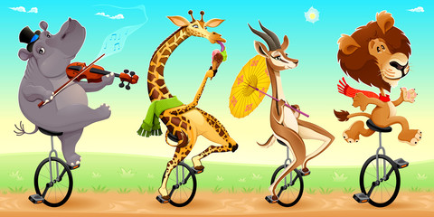 Funny wild animals on unicycles © ddraw