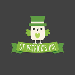 Happy St Patrick's Day greeting card, menu or poster template with copy space. Cute leprechaun owl sitting on ribbon banner with typographic greeting.