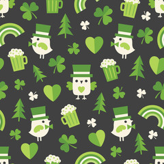 Seamless background pattern with cute Irish icons in green and black. St Patrick's Day, giftwrap, wallpaper, textiles. - 107125454