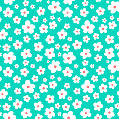 White flowers on sea green background seamless pattern