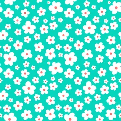 Keuken foto achterwand Turquoise Witte bloemen op zeegroen naadloos patroon als achtergrond