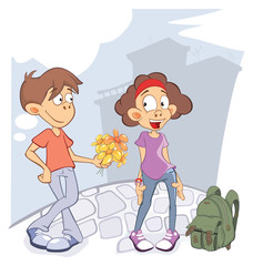 Illustration of Cute Guy and Girl in Love. Cartoon