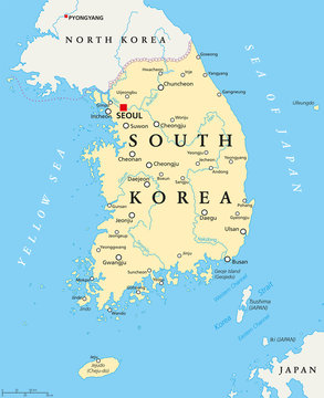 South Korea political map with capital Seoul, national borders, important cities, rivers and lakes. English labeling and scaling. Illustration.