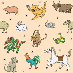 Chinese zodiac in vector. Seamless pattern.
