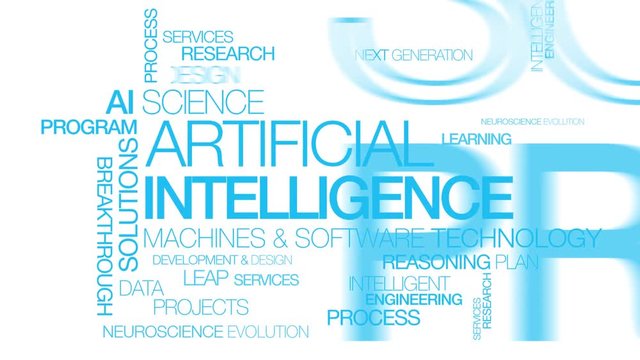 Artificial intelligence (AI) words tag cloud blue text machines software animation white background