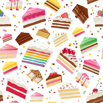 Colorful sweet cakes slices seamless background.