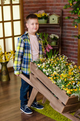 Fototapeta na wymiar Little boy carries garden trolley