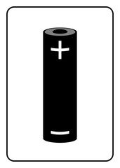 Battery icon. Black sign isolated on white background. Symbol of energy, electricity, charger and power, charge, generation. Design element. Label for supply. Alkaline accumulator. Vector illustration