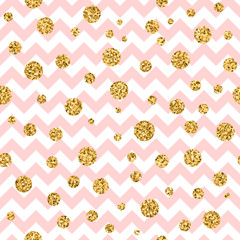 Golden polka dot seamless pattern. Gold confetti glitter zigzag. Geometric pink and white zig zag texture. Valentine day or christmas design for card, wallpaper, wrapping, textile. Vector Illustration