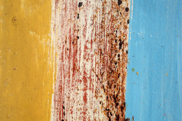 Old metal wall with yellow and blue and rust texture background