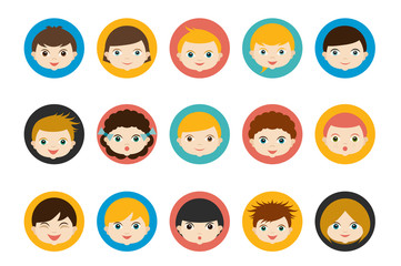 Children heads, avatar. Color flat vector.